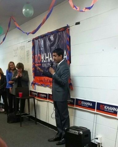 Ro Khanna giving a speech at the opening of his campaign’s Headquarters in Santa Clara.