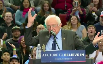 A bird lands on Bernie’s podium and the crowd goes crazy.