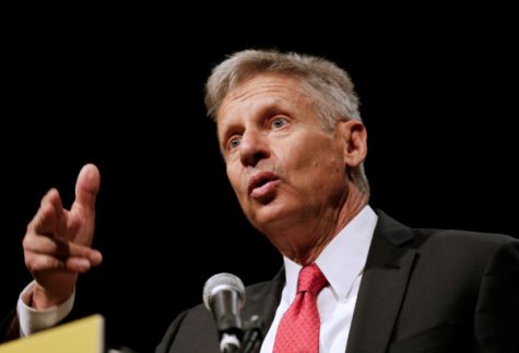 Courtesy of Kevin Kolczynski. Libertarian Party presidential candidate Gary Johnson delivering a speech.