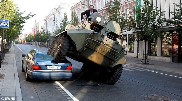 Courtesty of SWMS. The 2011 Ig Nobel Peace Prize went to the mayor of Lithuanias capitol city, who solved the problem of illegaly parked cars by running them over with a tank. 