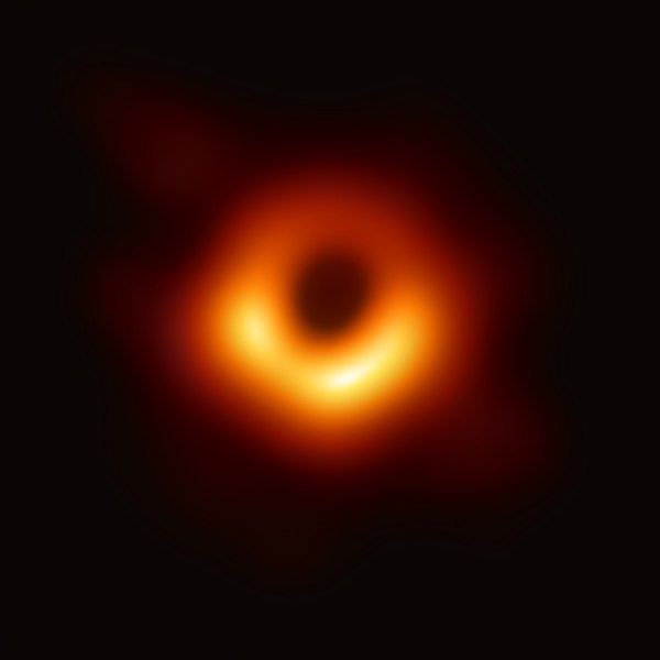 The first photo of a black hole shows the matter outside the reach of the black hole’s gravitational field, which creates an outline of the object. Courtesy of Event Horizon Telescope.