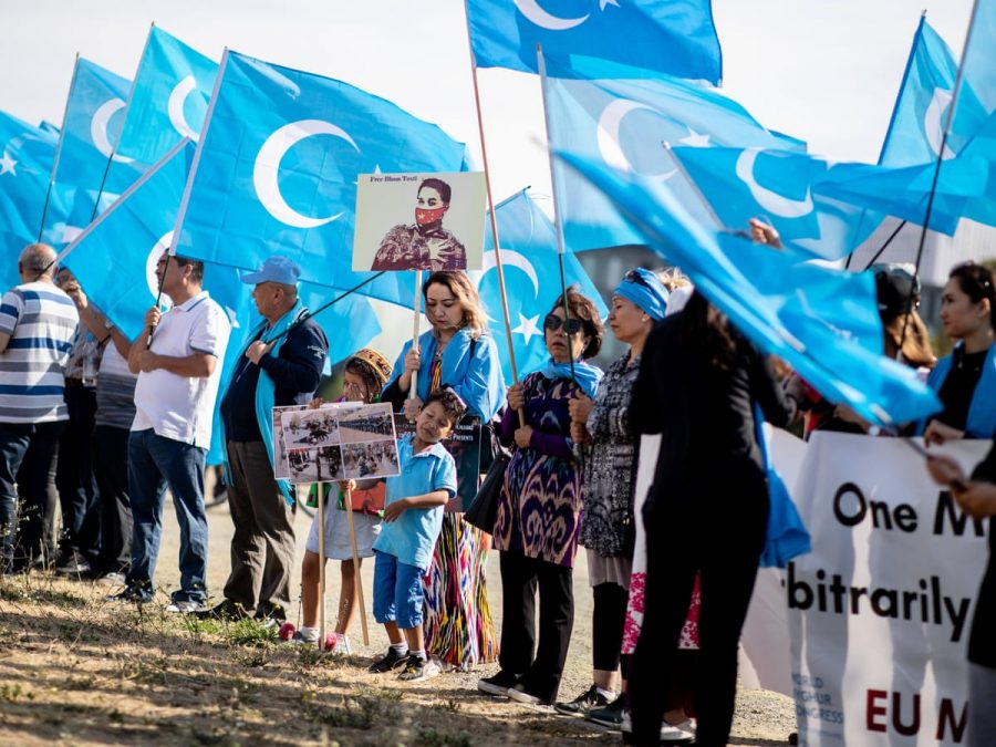 A group of marchers, advocating for the release of the detained Uighurs. 