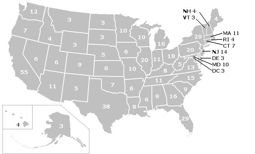 Courtesy of Nbpolitico. Map of how many votes each state gets in the electoral college system. 