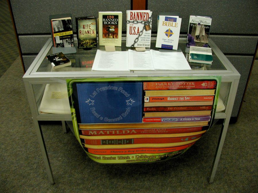 Previously banned books are often displayed at libraries, showcasing a historically common form of censorship.