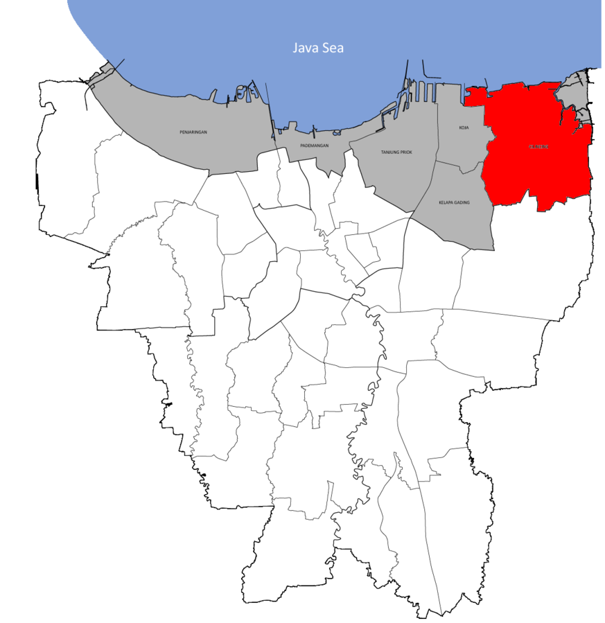 The map of land loss of Jakarta. The grep parts mean how much land has sunk. The red means total danger.