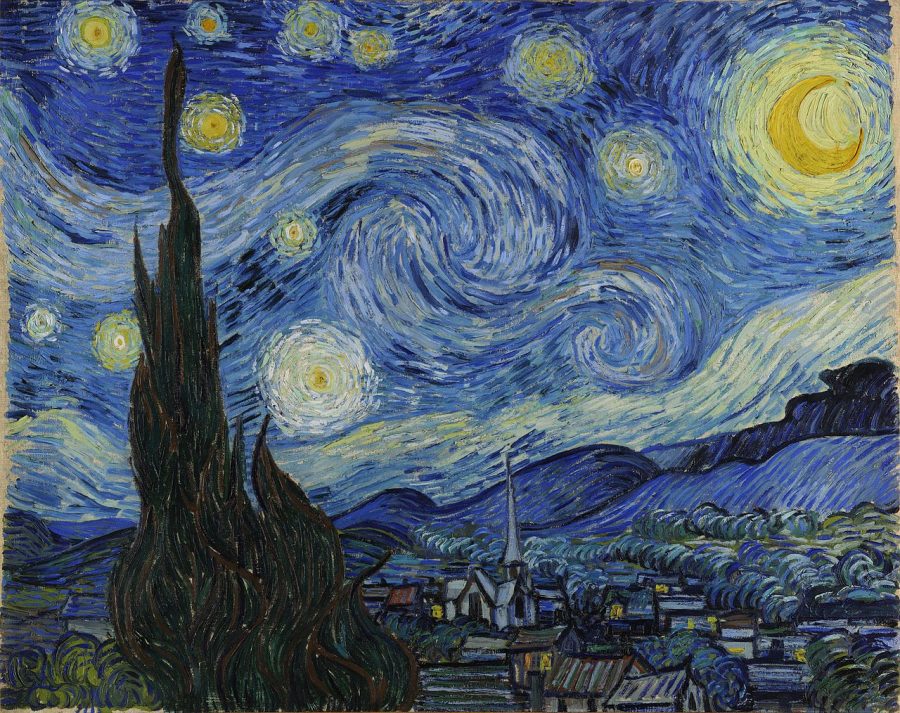Van Goghs most recognizable painting, Starry Night, famously known for the skys swirling composition and the melancholic blue color palette. Courtesy of Vincent Van Gogh Gallery.