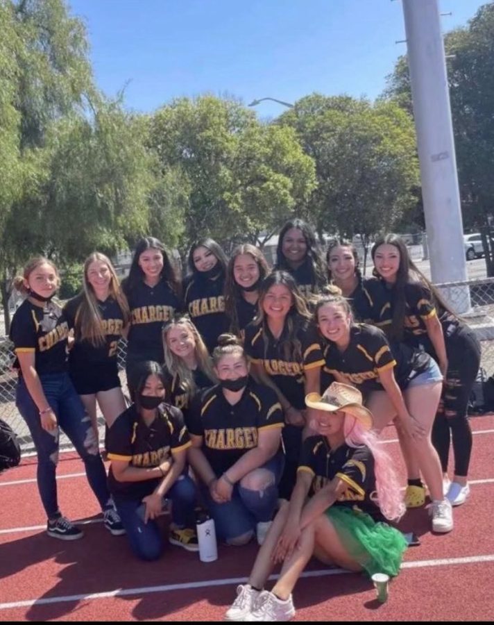 Gutierrez (Top Left, #2) posing alongside her teammates at the annual Spring Sports Rally. Courtesy of Jessica Gutierrez.