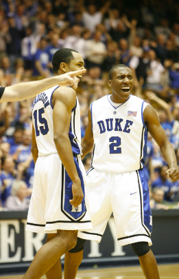 Dukes Nolan Smith (#2) and Gerald Henderson (#15) get hyped during the 2009 March Madness tournament.  Courtesy of Chronicle