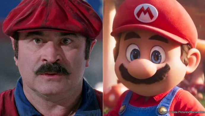 Video+game+adaptations+have+come+a+long+way+since+1993.+Left%3A+Bob+Hoskins+as+Mario+in+the+original+Mario+Bros.+Movie.+Right%3A+animated+Mario+in+the+2023+adaptation.+Courtesy+of+Looper.