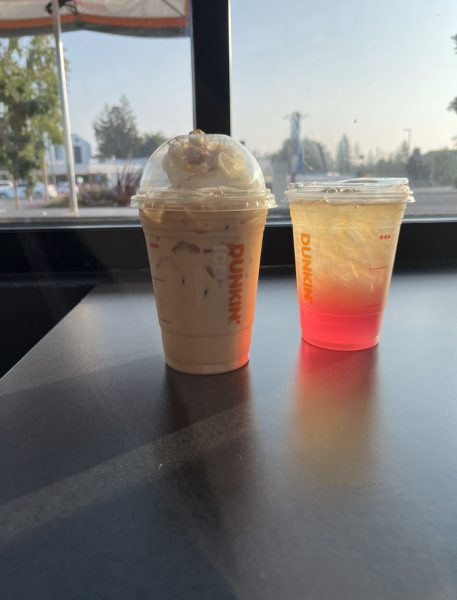 The Dunkin Strawberry Dragonfruit Refresher and the Caramel Craze Iced Latte, taken at the Sunnyvale Dunkin store. 