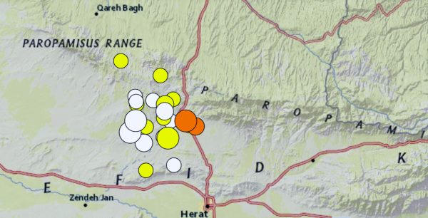  This map (provided by the United States Geological Survey) shows an earthquake series in western Afghanistans Paropamisus Range. In eight days, from 7 to 15 October 2023, there were four quakes of magnitude 6.3, five quakes in the 5s, and fifteen in the 4s.