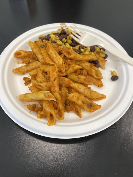 One of Wilcoxs more popular vegetarian options is Rosas Pink Pasta with Meatless Crumble with a side of corn/beans. Courtesy of Anagha Dogiparthi