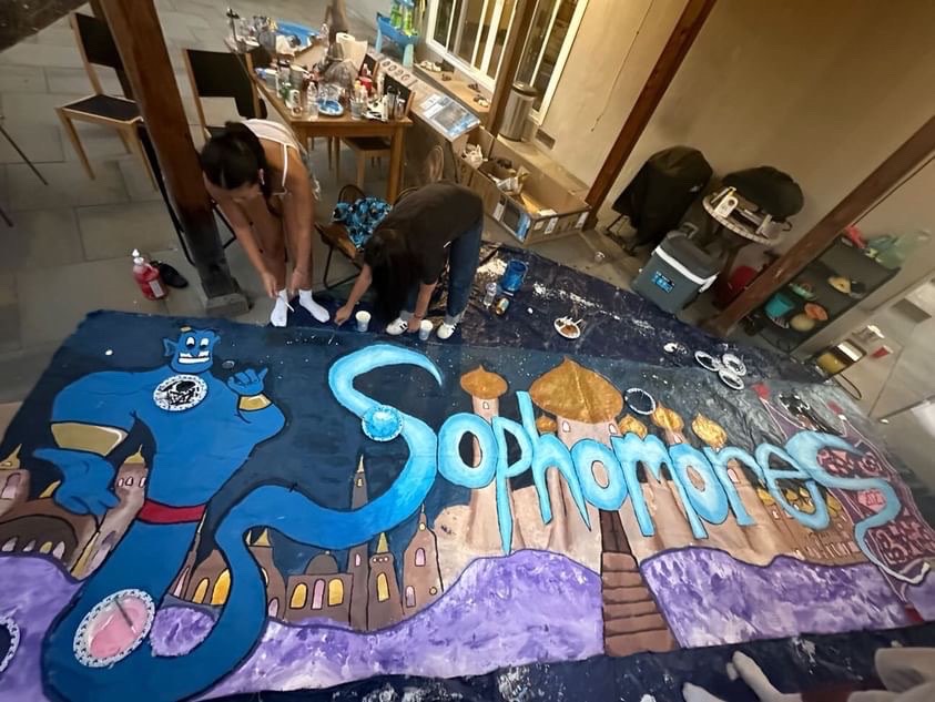 The sophomore class working on their homecoming banner painting. 

Courtesy of Srikha Gopisetti.
