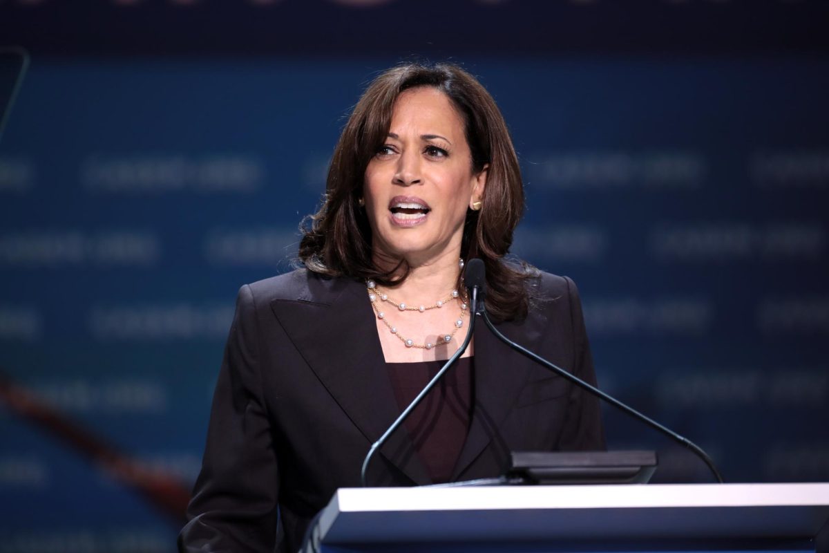 U.S. Senator Kamala Harris speaking with attendees at the 2019 California Democratic Party State Convention at the George R. Moscone Convention Center in San Francisco, California.