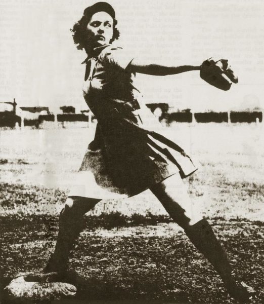 Millie Deegan winds up to pitch for the Rockford Peaches (from the 1940s)