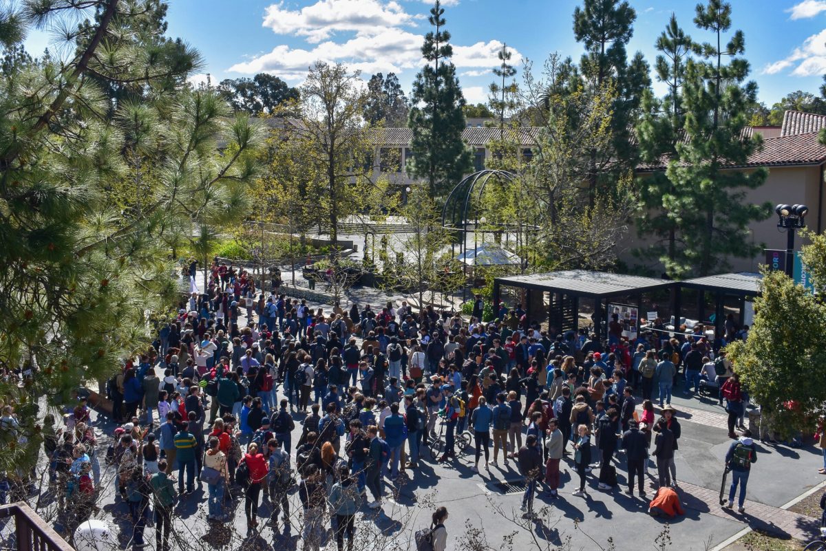 Stanford graduate students gather for a union rally in early April. 
Courtesy of Fletcher Chapin (KQED). 