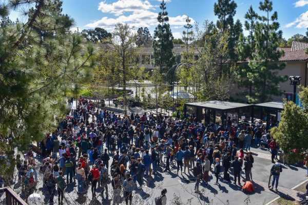 Stanford graduate students gather for a union rally in early April. 
Courtesy of Fletcher Chapin (KQED). 