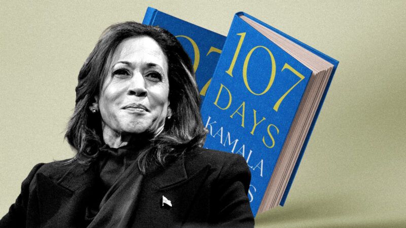 Kamala Harris stands in front of her new memoir