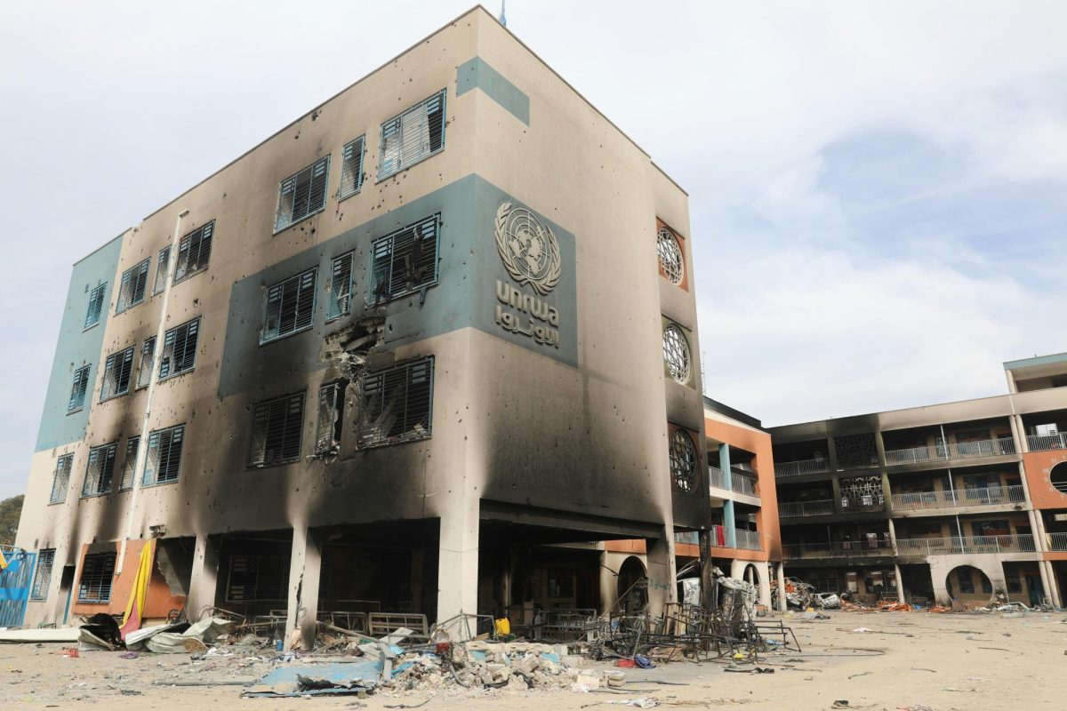 A partially destroyed UNRWA (United Nations Relief and Works Agency) center in Gaza. UNRWA is responsible for humanitarian aid. 