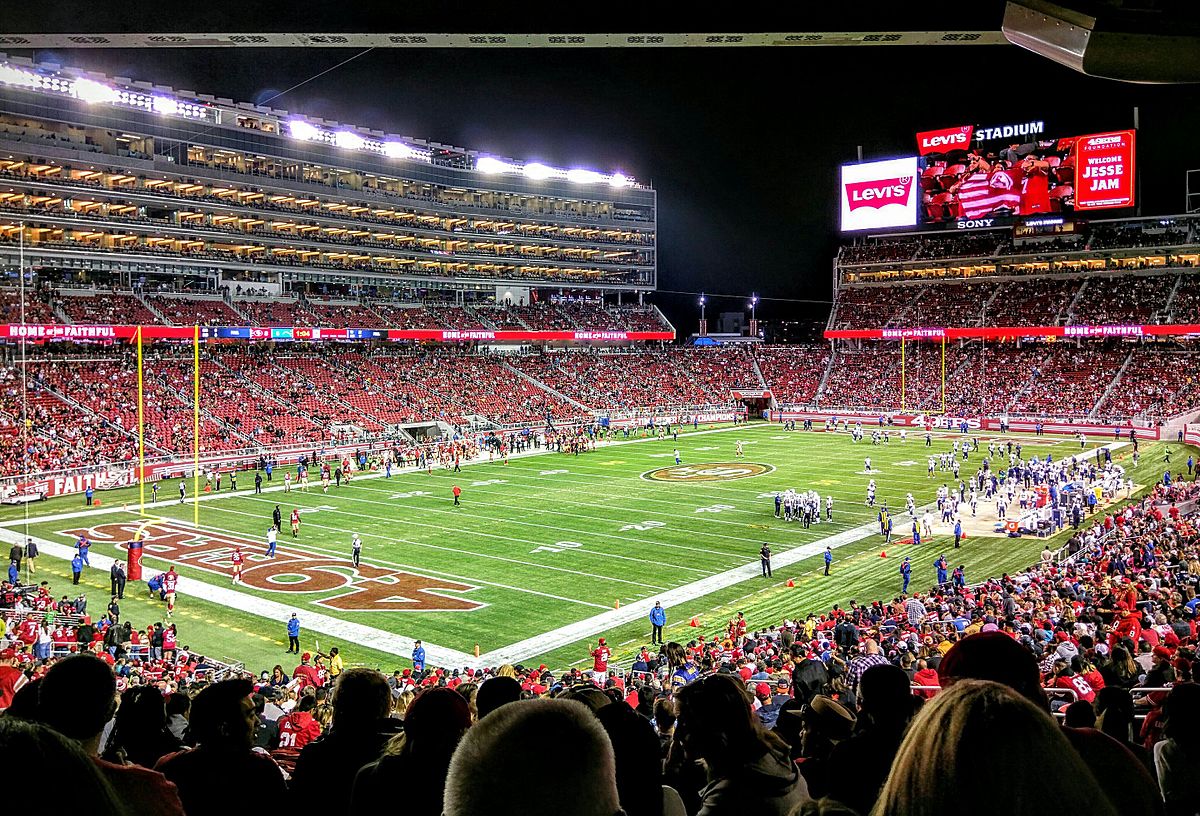 A football game in Levi's Stadium, where the upcoming Super Bowl and certain World Cup games will be held