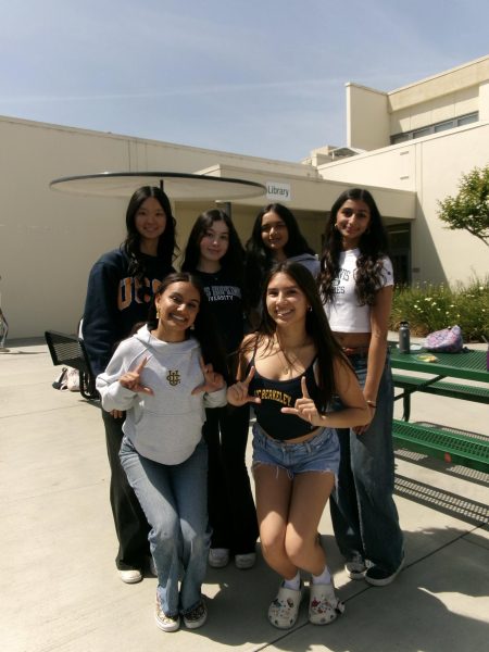 A group of Wilcox seniors wearing their college merch on commitment day.