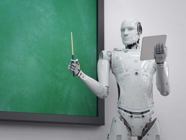 AI teacher teaching with empty blackboard.