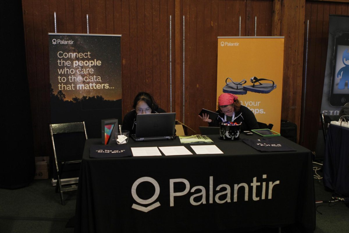 A promotional Palantir booth at San Francisco TechChrunch Disrupt, 2012.